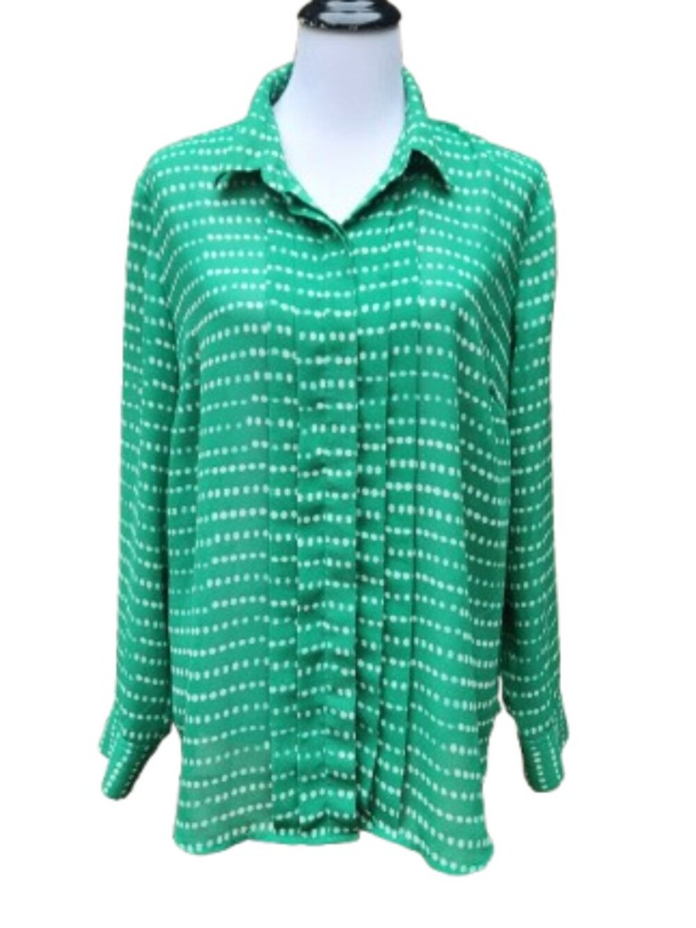 Coldwater Creek Green Chiffon Blouse Dotted Pleats Button-Up Long Sleeves
